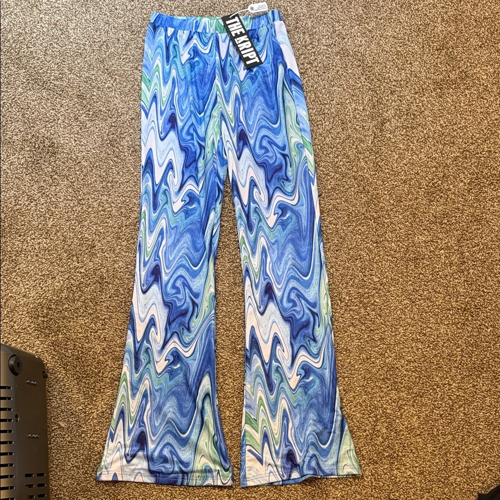 Vibrant Blue and Green Swirl Women's Flare Pants